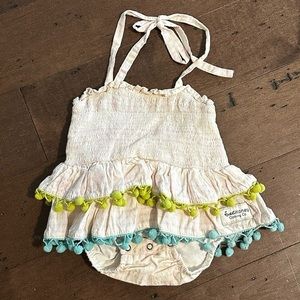 Vintage Sweet Honey 12M bubble romper, Pom Pom halter